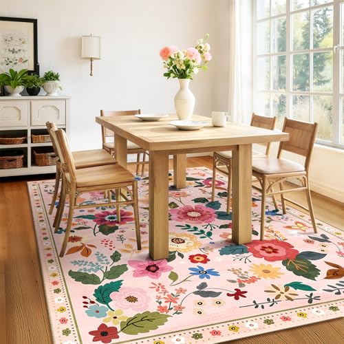 RELEANY Floral Washable 6x9 Area Rugs Pink - color: Pink, size: 6' x 9' (Rectangular)