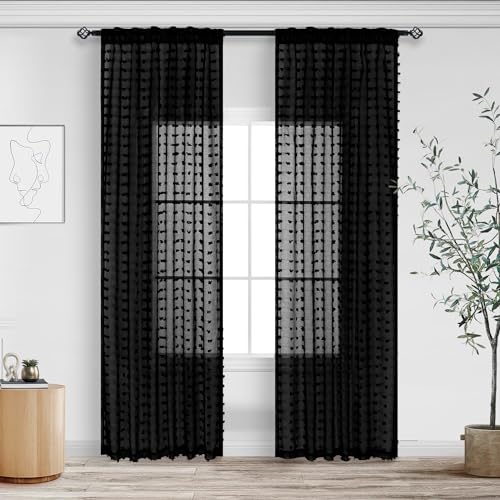Black Sheer Curtains 84 Inches Long for Bedroom Living Dining Room Back Tab Pom Pom Semi Voile Curtains for Home Office Decor Modern Chic Fashion Elegant Window Treatment Panels W52 x L84 Set of 2 - color: Black, size: 52"W x 84"L (Pack of 2)