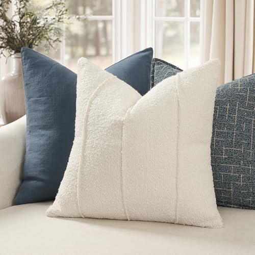 YCOLL Textured Boucle Throw Pillow Covers 16x16 Pack of 2 - Soft Neutral Striped Cushion Covers, Cozy Accent Decorative Pillow Covers for Couch, Sofa, Bed, Living Room (Ivory) - color: Ivory, size: 16" x 16" (Pack of 2)