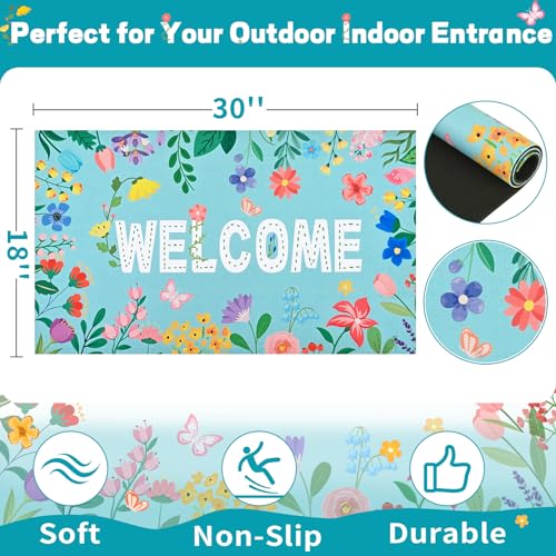 Likiyol Floral Door Mat Outside Entrance, Colorful Flower Welcome Mat Front Door Mats Non Slip Spring Doormat Outdoor Indoor Entrance, Low Profile, Absorbent, 18" x 30", Blue - color: Blue, size: 1'6" x 2'6" (Rectangular)