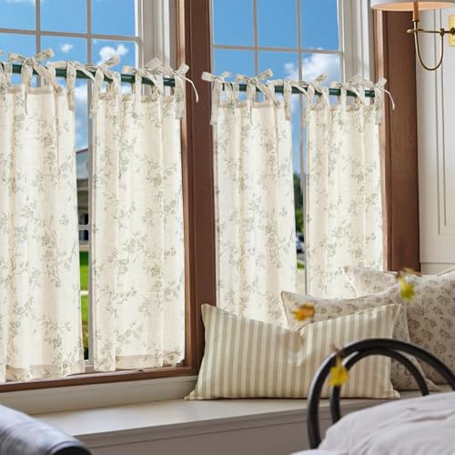 jinchan Green Floral Kitchen Tier Curtains Alisa 36 Inches Tie Top 2 Panles - color: Alisa Green on Linen, size: 26"W x 36"L (Pack of 2)