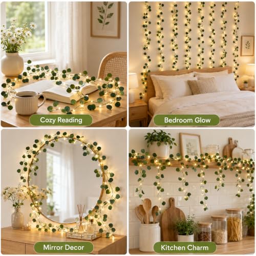 16 FT Eucalyptus Vine with LED Fairy Lights, Remote, USB & Battery Powered - color: Eucalyptus_Battery&USB