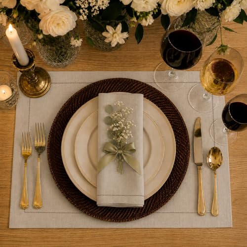 Signature Linen™ by D'Moksha, Natural Placemats Set of 4, 14 x 19 Inch, 100% Pure Linen Table Mats, Hemstitch, Machine Washable Cloth Placemats- Fall, Weddings, Outdoor Hosting - color: Natural, size: Set of 4 (14 X 19 Inch)