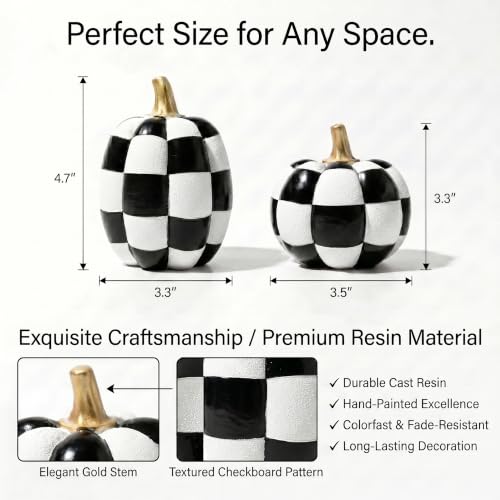 Black and White Checkered Pumpkins with Gold Stem for Halloween Decor - color: Black White Gold-set of 2