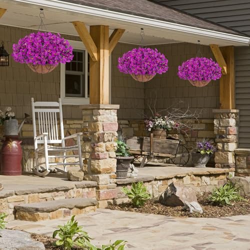 HyeFlora Artificial Fake Hanging Flowers Plants Basket for Outdoors Fall Decor, Faux Silk Bougainvillea in Planter Look Real UV Resistant Faux Flower for Outside Porch Patio Garden Home Decor, Purple - color: Purple-new