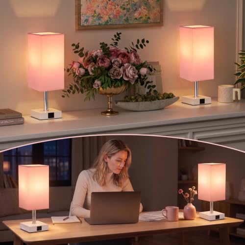 Touch Table Lamps Set of 2 for Bedroom - Dimmable, USB C+A, White Base - color: Pink & White(2PCS)