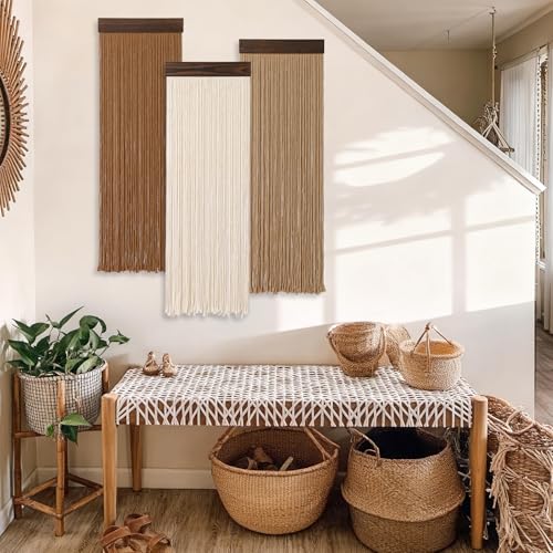 Macrame Wall Hanging Boho Chic Home Decor Brown Beige Tassel Yarn Tapestry - color: Rectangle-Brown Beige-3PCS