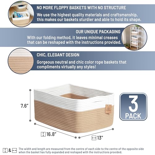 NaturalCozy Storage Baskets 16.8”x13”x7.6” Cotton Rope Woven Baskets for Organizing 3-Pack | Toy Storage Bins | Basket for Shelves, Laundry, Blanket, Clothes, Closet, Kitchen, Bathroom, Gifts - color: Off White & Tan Brown