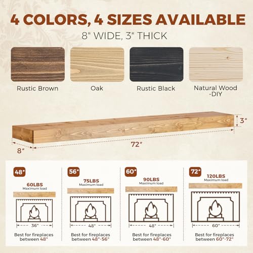 72x8x3in Rustic Fireplace Mantel Pine Wood, Natural Wood - color: Natural Wood, size: 72x3x8-hollow