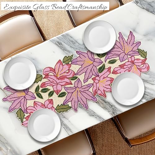 Handmade Beaded Table Runner 13 x 36 Inch, Decorative Glass Bead Table Runner for Dining Table, Coffee Table & Console Table, Elegant Centerpiece Decor for Weddings, Holidays & Everyday Home Styling - color: Multi Pink