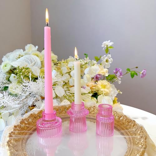 Glass Candlestick Holders, Taper Candle Holders, Set of 3, Pink - color: Pink, size: 3 PCS