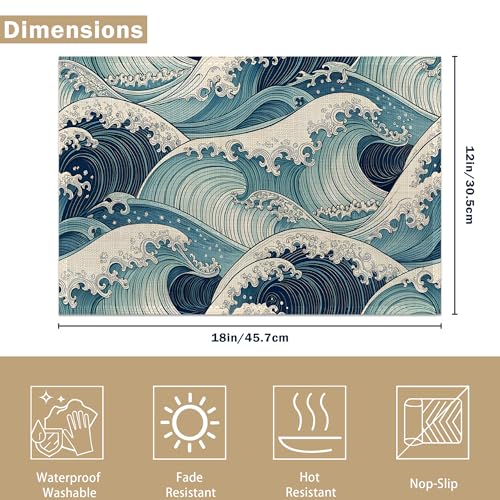 Japanese Waves Placemats Set of 6 Linen Table Mats, 12x18 Inch Washable Placemats for Dining Table, Non Slip Heat Resistant Mats for Kitchen Home Decor - color: Japanese Waves