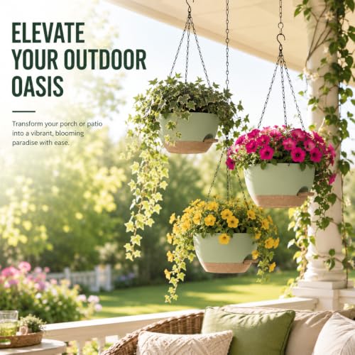 2 Pack 12 Inch Self‑Watering Hanging Planters Plant Pots, Green‑Brown - color: Green Brown