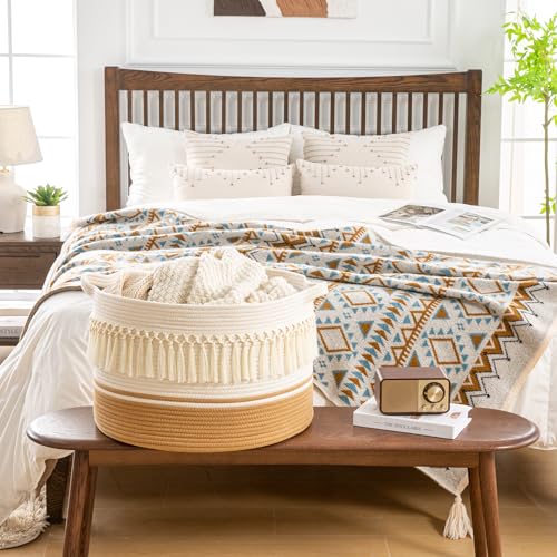 KAKAMAY Large Blanket Basket with Handles, Storage Basket for Living Room - color: Brown Fringe