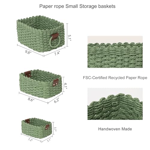 Woven Paper Rope Wicker Basket for Organizing(Set of 3,Green) - color: Dark Green
