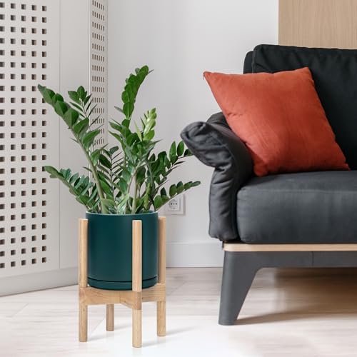 D'vine Dev Ceramic Pot with Natural Wood Stand, Teal, 8 in, 55-B-N-4 - color: Teal Pot + Natural Stand, size: 8 Inch