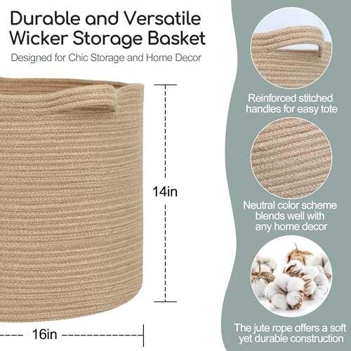 MEGASKET Large Wicker Storage Basket, 16" x 14" Jute Woven Basket with Handle, Living Room Blanket Storage, Big Wicker Laundry Basket, Kids Toy Bin Box Organizer, Decorative Round Baskets for Decor - color: Jute, size: 16"D x 14"H