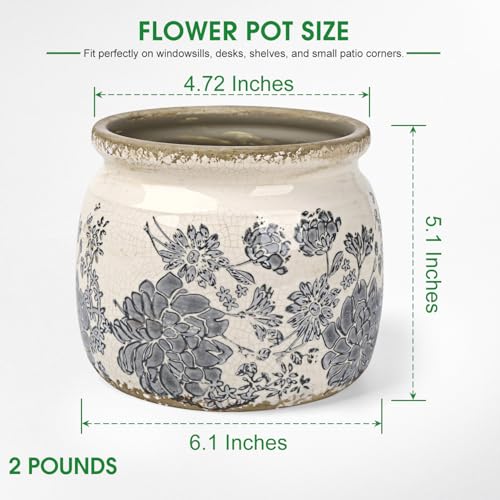 Flower Pots Planters for Indoor Plants Ceramic Plant Pots with Drainage 6.1 Inch Vintage Ceramic Pots for Plants Outdoor Home Garden Decor, Vintage Gray Bloom - color: Vintage Gray Bloom