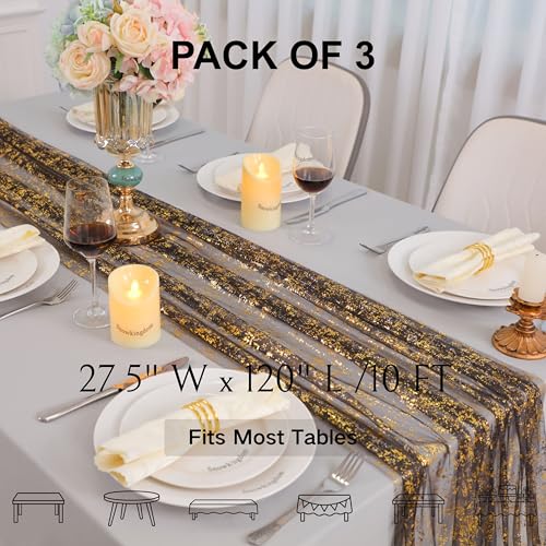 Snowkingdom 3 Pcs Black Gold Gauze Table Runner 10 FT 120 Inch, Sparkle Sheer Glitter Metallic Foil Tulle Mesh Cheesecloth Golden Table Centerpieces Decoration for Party Wedding Anniversary - color: Black Gold, size: 10FT/3Pcs