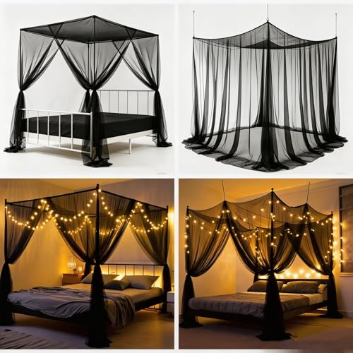 Black Mosquito Net Bed Canopy Curtains with 66ft LED Star String Lights - color: Black+lights