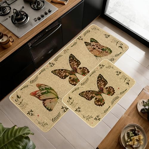Butterfly Spring Kitchen Mats for Floor,Beige Kitchen Rug Set of 2 Washable Floor Mats Non Slip Rubber Rugs Runner Comfort Standing Mat, Butterflies Print Rugs Runners for Sink,Desk,17x29+17x47 inch - color: Black Green