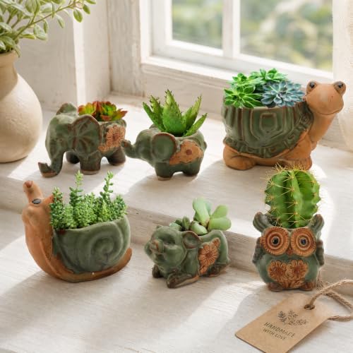 Okllen 6 Pack Mini Animal Ceramic Succulent Planter Set, Cute Elephant, Turtle, Owl, Snail, Succulent Pots with Drainage Hole, Ideal for Bonsai, Indoor, Outdoor
