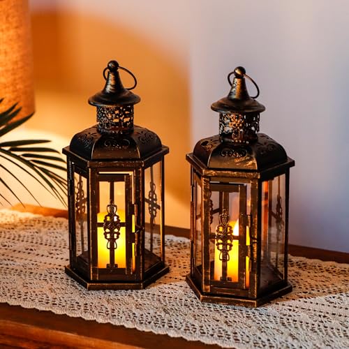 JHY DESIGN Decorative Candle Lanterns Set of 2 10" H Vintage Hanging Lanterns Metal Candleholders for Indoor Outdoor Home Parities and Weddings (Black with Gold Brush) - color: Set of 2 10“h Black