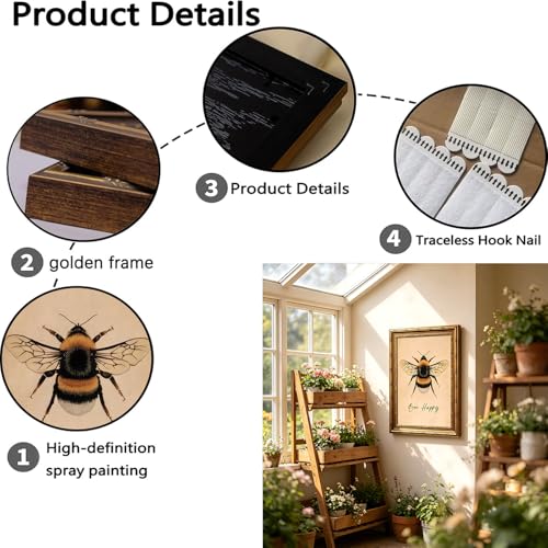 Gold Framed Canvas Wall Decor Vintage Bee Happy Painting Picture Art Rustic Cottagecore Bumblebee Insect Prints for Bee Lovers or Living Room Bedroom Kitchen Office Farmhouse 16x24 in - color: Bee, size: 16"L x 24"W