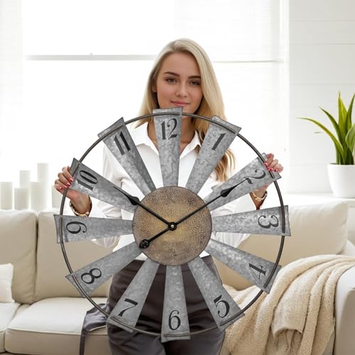 EMAX HOME Large Rustic Clock – Windmill Metal Wall Clock for Farmhouse Decor, Battery Powered, Easy to Mount, Vintage-Inspired Rustic Wall Clock - color: Windmill
