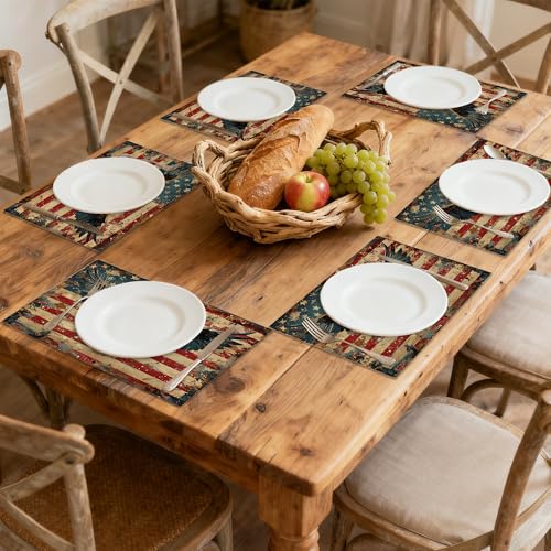 Retro American Flag Eagle Table Placemats Set of 6, Linen Placemats 12x18 Inch, Washable Non Slip Heat Resistant Mats for Dining Table Kitchen Indoor Use - color: Retro American Flag Eagle