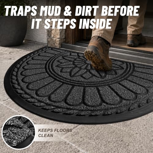 Mibao Front Door Mat Indoor Outdoor Entrance, Semicircular Entrance Mat, Half Round Waterproof Non-Slip Durable Rubber Door Mats, Low Profile Heavy Duty Doormat for Garage, Patio, 30" x 18", Grey - color: Grey, size: 1'5" x 2'6" (Semicircular)