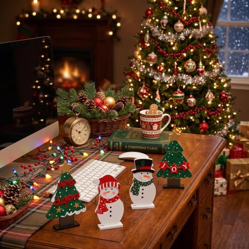 DECSPAS Christmas Decorations Indoor, 4 PCS Wood Christmas Trees & Snowmen for Centerpiece Table Decorations, Wooden Tiered Tray for Xmas Decor, Home, Winter, Tabletop, Mantel, Shelf, Gifts - style: Christmas - Christmas Trees, Snowmen