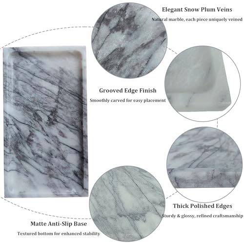 White Marble Vanity Tray – 10.63"x5.91" Rectangular Natural Stone Organizer for Bathroom Perfume Makeup Jewelry Dresser Entryway - color: Rectangular Plum Blossom White