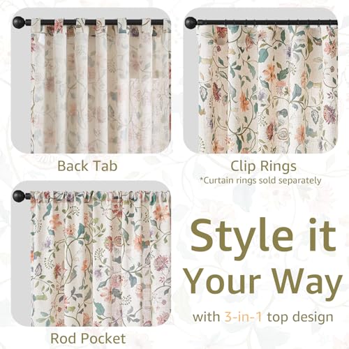 jinchan Beige Floral Linen Curtains 63 Inch Farmhouse Back Tab 2 Panels - color: Hattie Beige, size: 50"W x 63"L (Pack of 2)