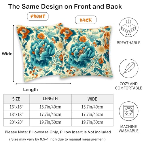 Teal Orange Floral Throw Pillow Covers 18x18 Set of 2 | Vintage Botanical Decorative Cushion Covers | Colorful Flower Pillow Cases for Couch Sofa Bed Living Room - color: Turquoise Floral (Pack of 2)