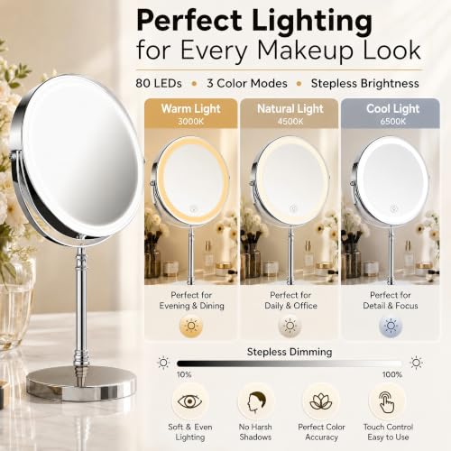 DEIOVWXS Makeup Mirror, Rechargeable Vanity Mirror with 3 Lights, 1X/10X - color: Chrome