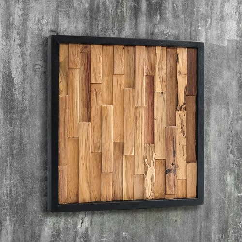 Warmaxx Teak Wood Framed Wall Art Décor 17" Square 3D Wood Strips Parttern - color: Natural Brown-6