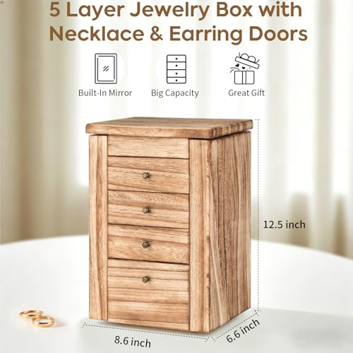 Meangood Jewelry Box Jewelry Organizer, 5-Layer Wooden Jewelry Organizers and Storage Boxes for Women Girls, Ring Earring Bracelet Necklace Holder Organizer with Mirror & Drawers (Carbonized Black) - color: Torched Wood, size: 3-Drawer