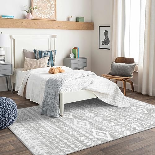 Lahome Boho Moroccan Area Rugs 5x7, Washable Grey Rugs for Bedroom Non-Slip, Low-Pile Soft Tribal Print Living Room Rug, Non-Shed Neutral Geometric Indoor Carpet for Office Playroom Dining Room - color: Grey/White, size: 5' x 7'