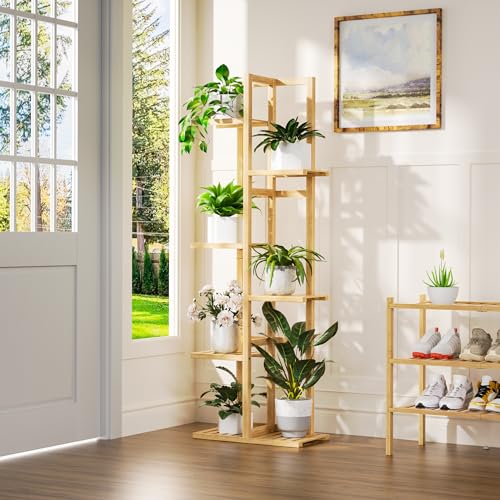 ROMGUAR CRAFT 6 Tier Bamboo Plant Stand Indoor, Tall Flower Holder, Natural