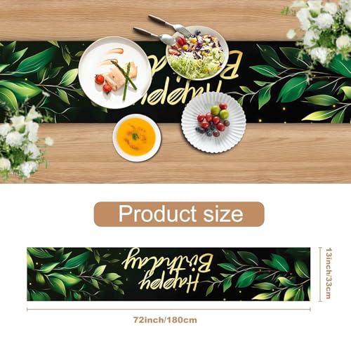 Happy Birthday Table Runner – Green Leaf and Gold Lettering Party Table Decor – 13 x 72 Inch Fabric Runner for Birthday Decorations, Elegant Botanical Theme Party Supplies for Men & Women - color: 63