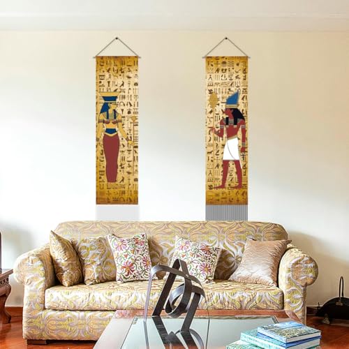AHANDMAKER 2Pcs Egypt Hieroglyphic Tapestry, Ancient Egypt Hieroglyphic Vertical Wall Hanging, Egypt Theme Tassel Wall Tapestries Mystic Aesthetic Tapestry for Bedroom Living Room(45.7x13 Inch) - color: Egyptian