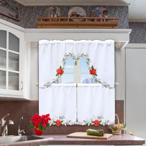 Simhomsen Embroidered Poinsettia Kitchen Window Curtain Swag and Tiers Set for Christmas Holiday (Poinsettia) - color: Poinsettia