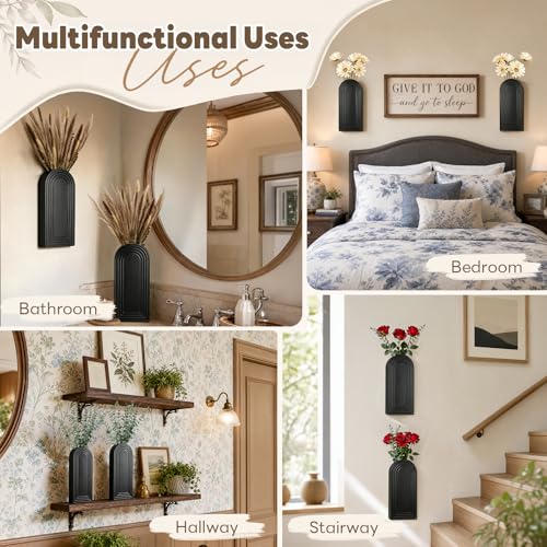 Wooden Wall Vase with 20 Eucalyptus, 2 Mount Options, Black, 2 Pcs - color: Black