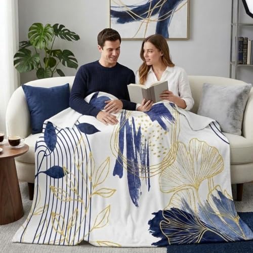 Blue Leaf Throw Blanket, Navy Blue and Gold, 60x80 in - color: Blue, size: 60"Wx80"L