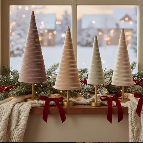 Hoolerry 4 Pcs Christmas Velvet Trees with Gold Pedestal, Nude Tone - color: Nude Tone