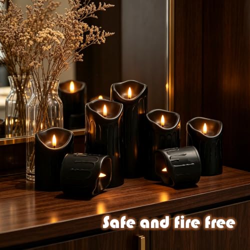 Nimiko Flameless Candles with Remote, Battery Operated Flickering Flameless Candles, LED Candles with Timer 2/4/6/8H, Realistic Drop Wax flameless Candle Set of 9 (D3 x H 3" 4" 5" 6" 7") (Black) - color: Black-dripping wax