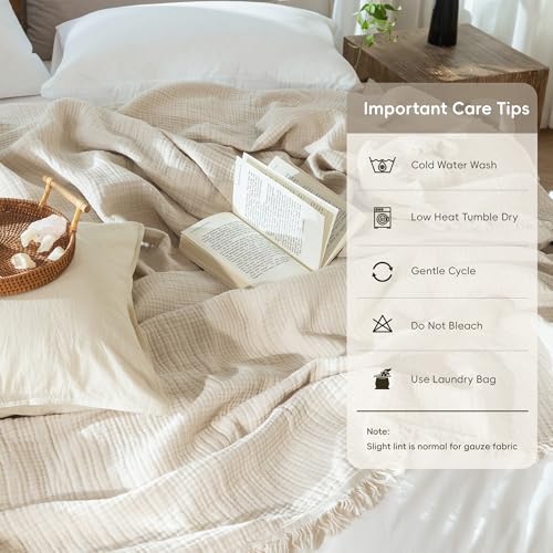 MooMee 100% Cotton Muslin Blanket, Fringed 4-Layer Gauze Bed Couch Throw - color: Beige, size: Throw