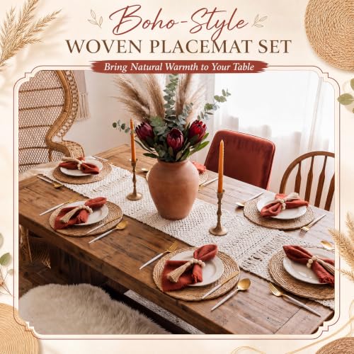 Fanfanwin Set of 6 Boho Woven Placemats with Rust Red Napkins, 13 in - color: Rust Red