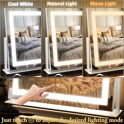 FENNIO Vanity Mirror with Lights 22''x18'' Makeup Mirror with Lights,Lighted Makeup Mirror with 10X Magnification and USB,Smart Touch Screen with 3-Color Lighting,Dimmable(Square White) - color: White, size: 22"L x 18"W